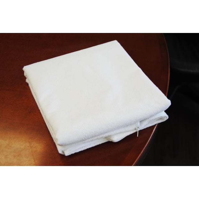 Life Guard Queen Pillow protector folded on a wooden table, made from breathable 180 GSM Terry Puma cotton fabric in white with a zipper closure, designed to protect pillows from allergens, dust mites, and spills, also suitable for cushions.