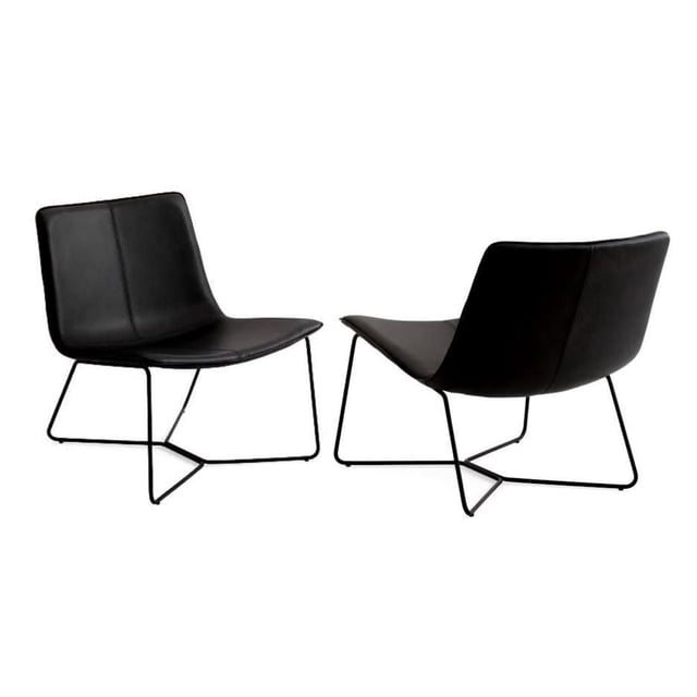 Plata Import Lounge Chair in Black for Living Room Area, set of 2 armless lounge chairs with ergonomic curved seat and back made of black vegan leather, supported by powder-coated steel sled legs, ideal for living room seating and accent use.