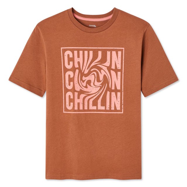 George T-shirt Graphique pour Garçons Brun avec Encolure Ras du Cou et Manches Courtes, Fait de Tricot jersey 100 % Coton avec Tour de Cou en Tricot Côtelé, Présentant une Impression Graphique Rose à l'Avant avec le Mot « Chillin » dans un design Carré Stylisé, Convient au Port Quotidien Décontracté et à Agencer avec des jeans Ou des shorts.