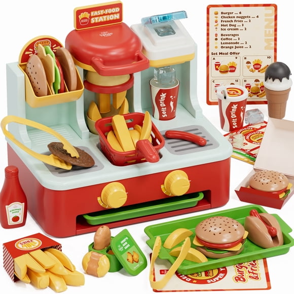 Ensembles d'Aliments de Jeu, Jouets de Jeu d'Imitation pour Filles, Accessoires de Cuisine de Jeu avec Hamburgers & Crème Glacée & Frites, Jouets Éducatifs d'Apprentissage Préscolaire pour Enfants de 2 3 4 5 6 Ans