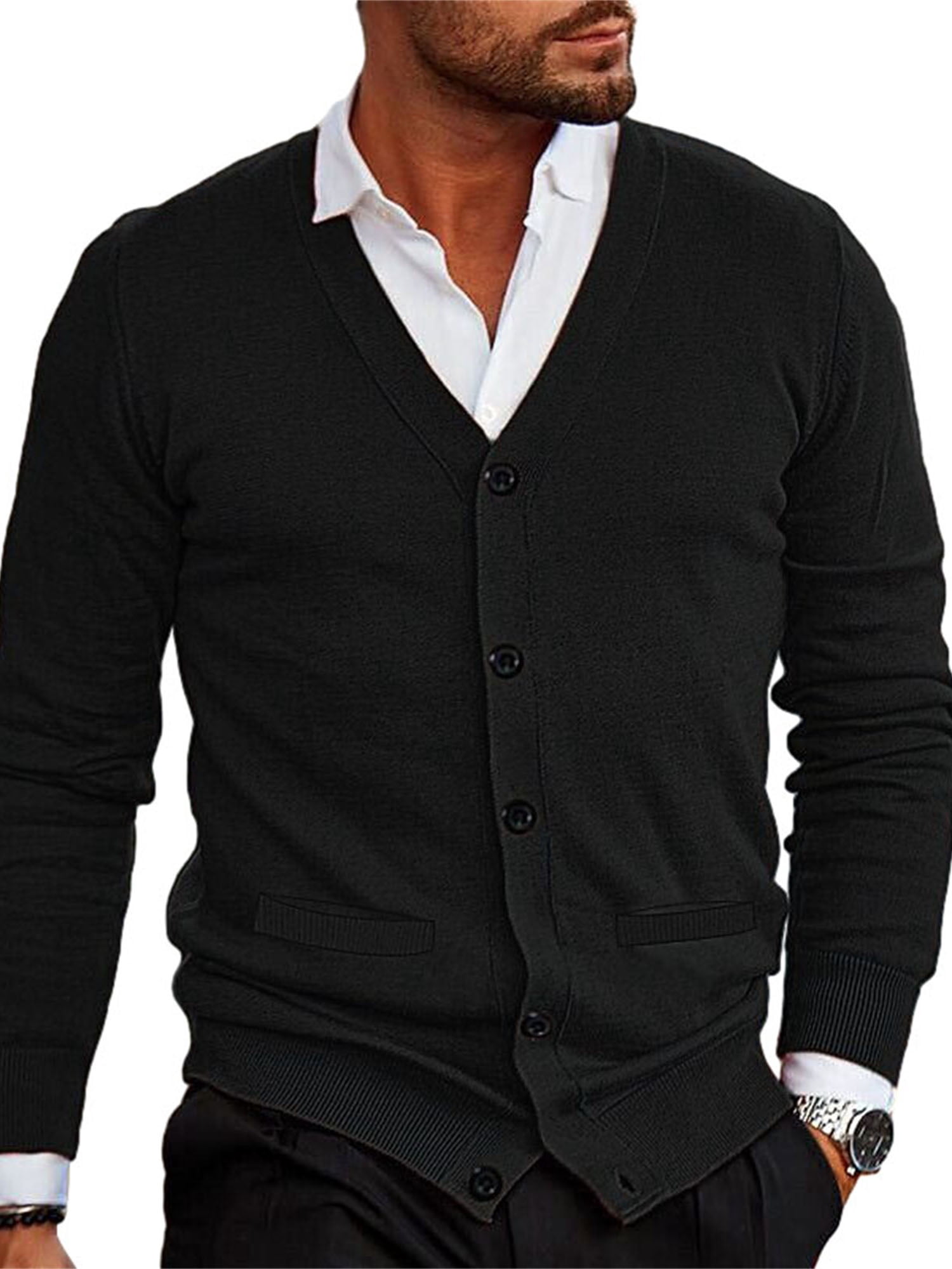 xiaxaixu Men Cardigan, Long Sleeve V Neck Button Closure Sweater Knit Tops for Casual Daily
