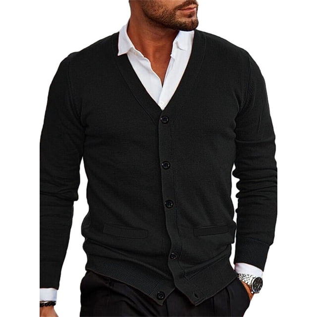 xiaxaixu Men Cardigan, a long sleeve V-neck button closure sweater in solid black. Made of 100% acrylic fibers, featuring ribbed cuffs, hem, and two small front pockets. Perfect for casual daily wear, styled with a white collared shirt underneath.