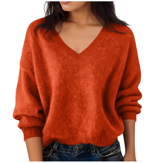 BLVB Chandails Chauds pour Femmes Col en V Classique Doux Chandail Confortable Ample Décontracté Manches Longues Automne Hiver