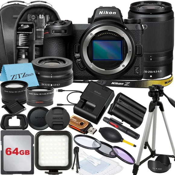 Nikon Z7 II Mirrorless Camera with NIKKOR 16-50mm + DX 50-250mm Zoom Lens, 64GB Memory Card, Backpack, Flash, Tripod and ZeeTech Accessory Bundle
