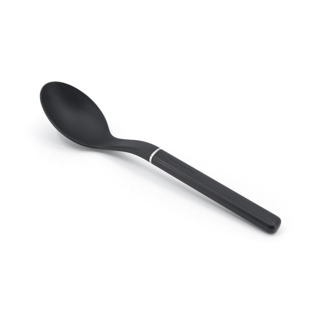KitchenAid Basting Spoon in black with a heat-resistant bowl and ergonomic handle featuring a silver accent, designed for stirring and serving food on all cookware including nonstick, and dishwasher safe for easy cleanup.