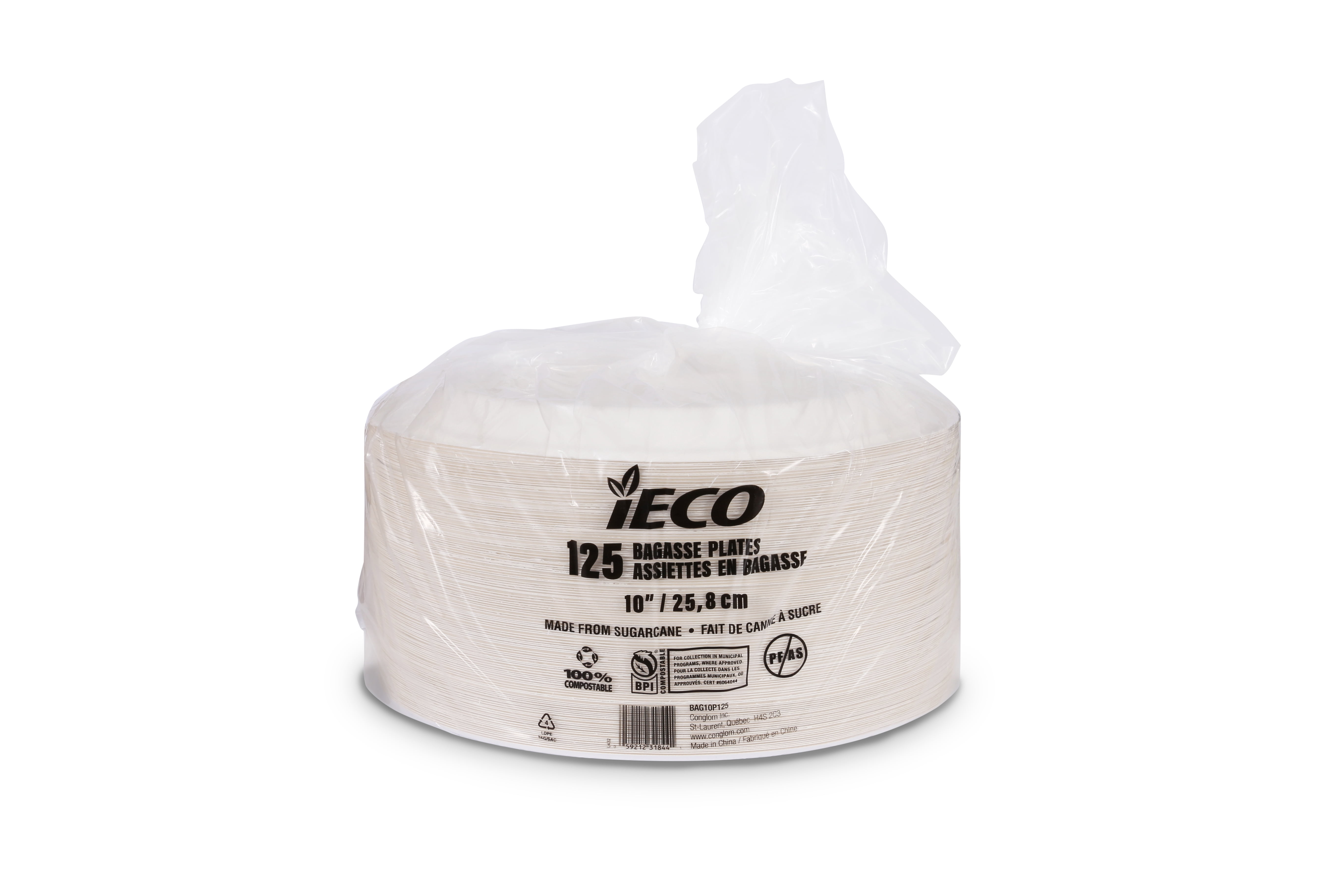 iECO Assiettes à dîner en bagasse 10 po, 125 assiettes