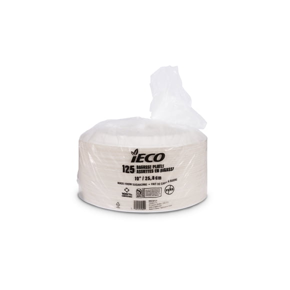 iECO Assiettes à dîner en bagasse 10 po, 125 assiettes