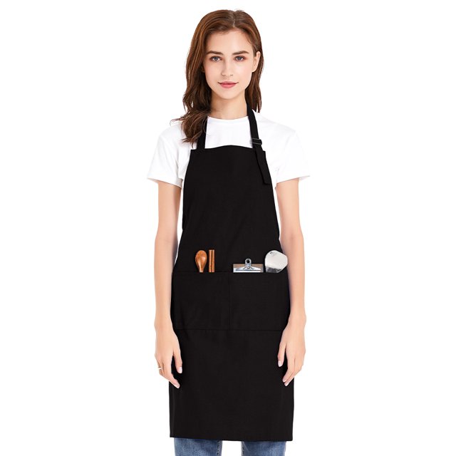(Price/each)Opromo Unisex Cotton Canvas Adjustable Chef Kitchen Aprons with 2 Pockets-Black-XL