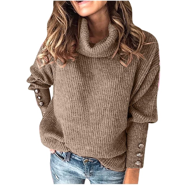 TIMIFIS Womens' Turtleneck Long Sleeve Cable Knit Sweaters Oversized Sweaters Fall Long Sleeve Spilt Hem Tunic Pullover Sweater Knit TopsFall/Winter