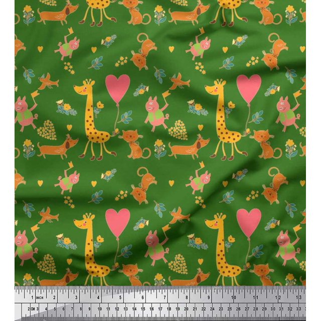 Soimoi Polyester Crepe Fabric Balloon,Floral & Cute Animals Cartoon Print Fabric by Yard 52 Inch Wide