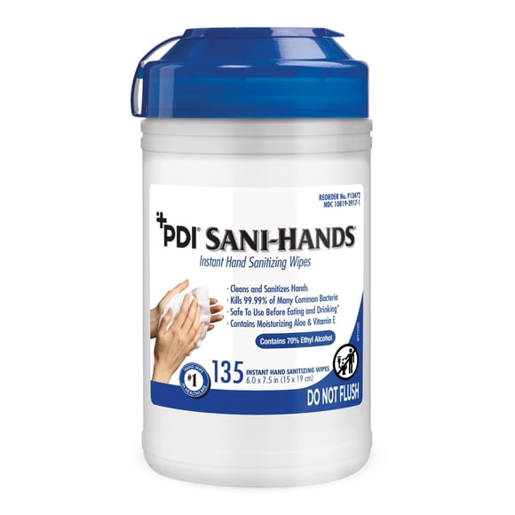 Sani-Hands Instant Hand Sanitizing Wipes - Ethyl Alcohol Wipes with Aloe, Vitamin E - Sanitizer Wipe for Travel, Home, Outdoor - Medium Canister, 6 in. x 7.5 in., 135 Wi