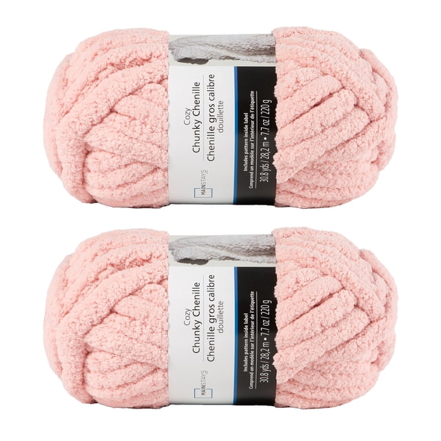 MAINSTAYS 2 pack rose polyester yarn featuring two skeins of chunky chenille-style yarn in soft pink, each 30.8 yards (28.2 m) and 7.7 oz (220 g), ideal for knitting blankets, pillows, and scarves, often used for cozy home décor projects.