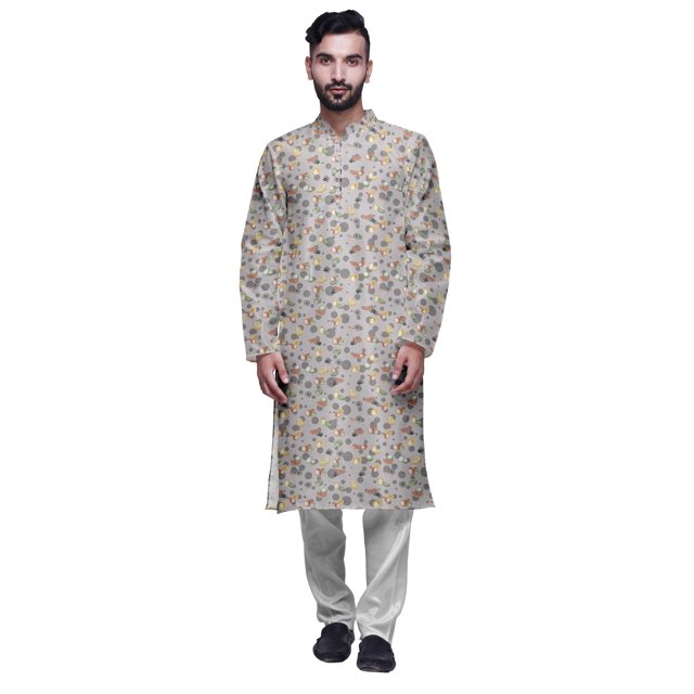 Atasi Printed Mens Kurta & White Churidar Pyjama Set Mandarin Neck Ethnic Wear