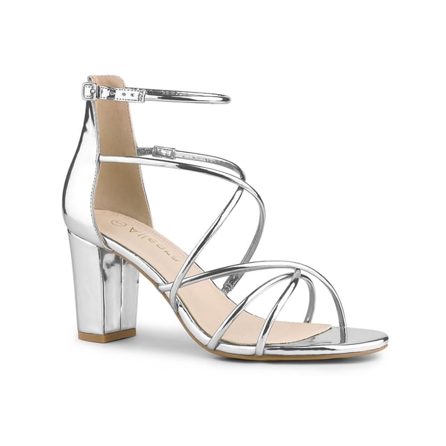 BLISSFUL STEP Sandales à Talons Blocs pour Femmes à Brides Croisées avec Finition en Cuir Verni Argent Brillant, Fermeture à Boucle Ajustable et Talon Bloc de 3 Pouces. Conçues avec des Brides Croisées et une Semelle Intérieure Souple pour le Confort, Adaptées à Agencer avec des Robes, des jeans Ou des Jupes pour des occasions comme des Fêtes, des Mariages Ou des Rendez-Vous.