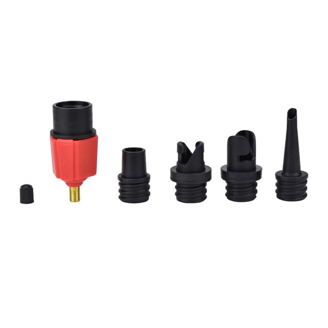 Adaptateur de Pompe 4-en-1 pour Planches à Pagaie, Kayak et Autres Gonflables. Comprend Cinq Pièces avec un Adaptateur Principal Rouge en nylon et Alliage et Quatre Buses Noires de Formes Variables pour un Gonflage Polyvalent. Conçu pour Être Utilisé avec des Bateaux Gonflables, des Matelas Pneumatiques, des Piscines et Plus. Durable, Résistant à Haute Pression et Étanche.