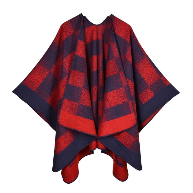 Gpaecead Women's Fall Classic Plaid Shawl - Jacquard Pattern Open Front Warm Cape Wrap Navy