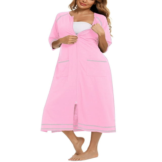 PENGXIANG Ladies Nightgown Short Sleeved Crew Neck Zip-up Slit Maxi Dress