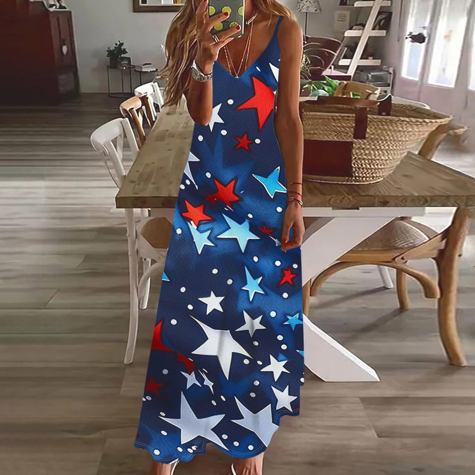 red white and blue formal dress Frostluinai Dresses for Women V Neck Spaghetti Strap Maxi USA Stars Striped Casual Dress 4th of July Party Dress Rowling-0508
