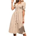 thumbnail image 2 of CHOK Robes en Coton et Lin pour Femmes, Boutonnées, Col en V, à Nouer, Manches Bouffantes, Froncées, Ligne A, Robe Midi, Robes d'Été pour le Soleil, 2 of 4