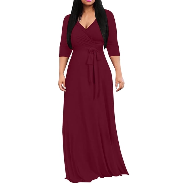 Npasoilc Robes pour Femmes Combinaison à Manches Mi-Longues pour Femmes, Couleur Unie, Col en V, Taille Cintrée, Robe Longue