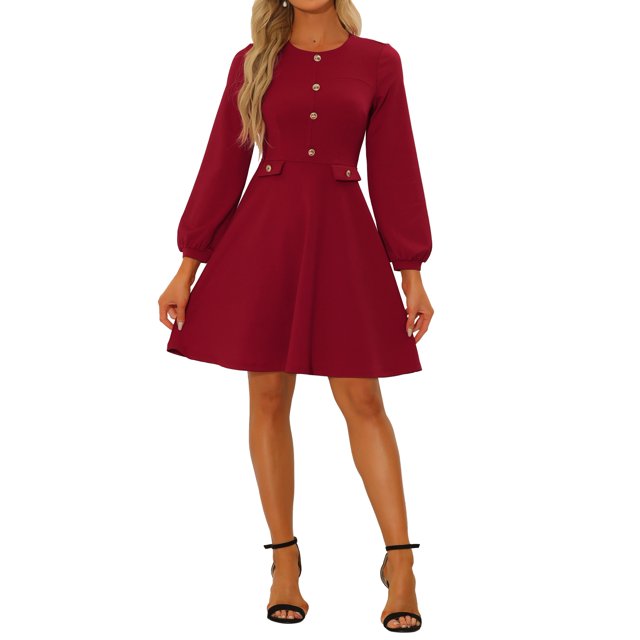 INSPIRE CHIC Robe de Travail pour Femme à Manches Longues avec Boutons Contrastants L Rouge