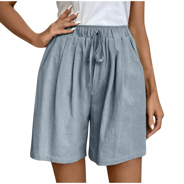 Women's Elastic Waist Knee Length Casual Cotton Shorts with Drawstring