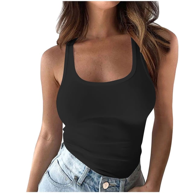 Women’s Workout Scoop Neck Tank Top Ribbed Sleeveless Cami Lightweight Solid Basic