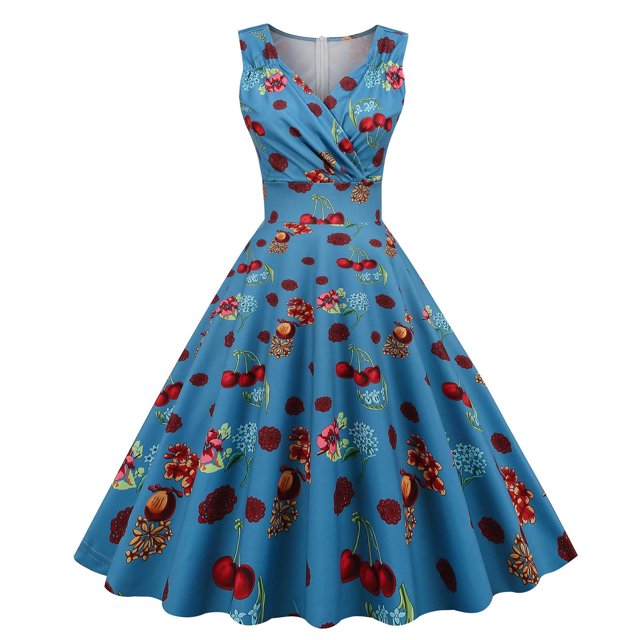 Robes de Cocktail de Fête Imprimées Vintage Sans Manches à Col en V pour Femmes, Robes Extensibles