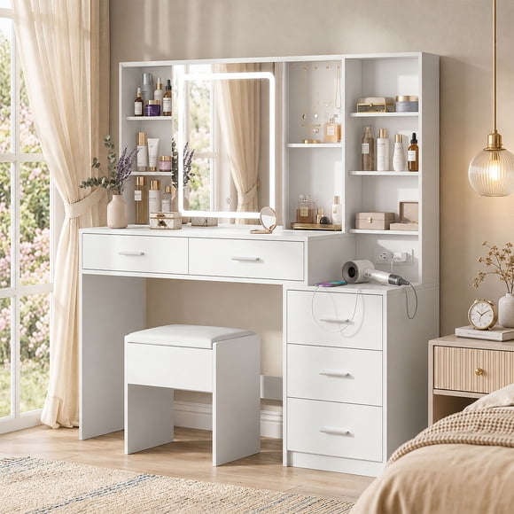 VEANERWOOD Large Vanity Set with Lights and Sliding Mirror Makeup Vanity Table with 5 Drawers Storage and Charging Station, White