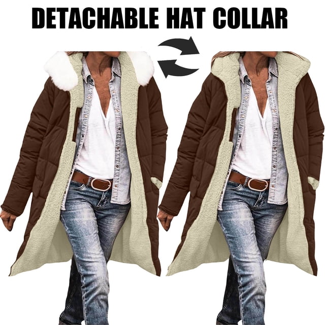 Miqool Women Reversible Puffer Jacket Thick Plush Long Quilted Jackets Winter Coats Warm Outerwear with Fur Hood
