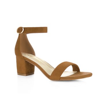 BLISSFUL STEP Women's Shoes Open Toe Mid Block Heel Ankle Strap Faux Suede Sandals Brown 10.5