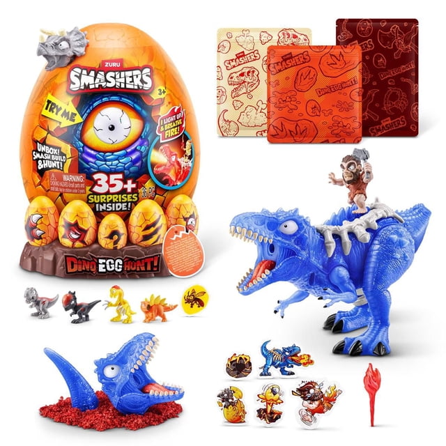 Smashers Chasse aux Oeufs de Dinosaures par ZURU, Ensemble de Jeu de Figurines d'Action à Thème Dinosaure avec un Grand Oeuf orange Présentant un Oeil Lumineux et un Effet Vapeur Cracheur de Feu, Cinq Oeufs de Collection Plus Petits sur une base Brune, une Figurine de Dinosaure Cracheur de Feu Bleue avec un Cavalier Homme des Cavernes, mini Figurines de Dinosaures et d'Insectes Assorties, Autocollants à Thème, et Trois Tissus à Motifs pour Creuser dans le Sable et le slime afin de Découvrir Plus de 35 surprises dans Ce Jouet
