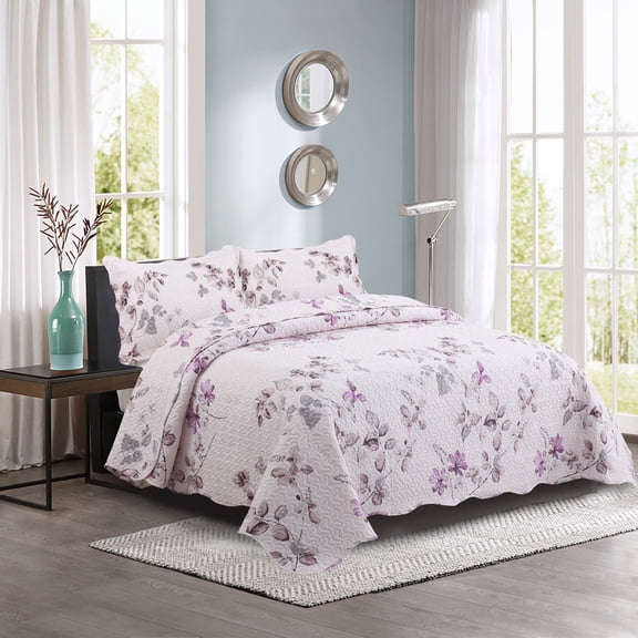 Marina Decoration Rich Printed Embossed Pinsonic Coverlet Bedspread Ultra Soft Home Bedding 3 Piece Summer Quilt Set with 2 Embossed Shams, Purple Leaves Pink Pattern King Size