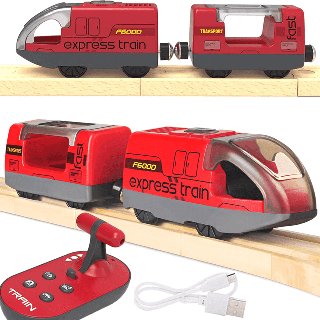 Motorised Wooden Rail Train, Remote Control Train with Magnetic Connection, Battery Operated Locomotive Trains for Toddlers, Compatible with Thomas, Brio, Chuggington (Red)