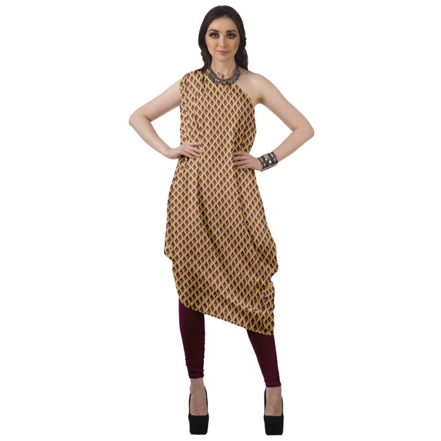 Moomaya Robe Kurti à une Épaule Imprimée pour Femme, Sans Manches, à Col Bénitier, Style Bohème, Tenue de Soirée de Designer