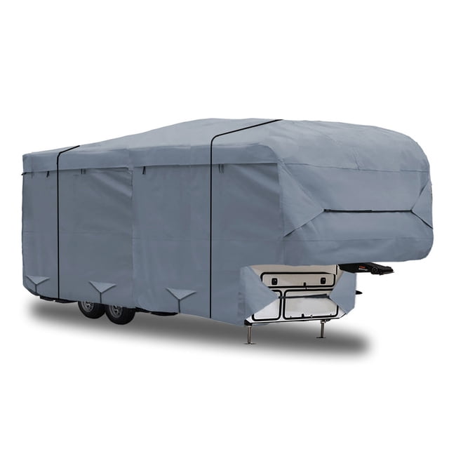 Housse pour VR à 5 Roues par GEARFLAG, Conçue pour les Autocaravanes de 28 Pieds à 30 Pieds, Comprenant un Panneau Supérieur Gris à 5 Couches pour la Résistance à l'Eau et la protection UV. la Housse Comprend des Sangles Latérales Renforcées Coupe-Vent, des Sangles avant et Arrière Ajustables, et des Ourlets Élastiques pour un placement Sécurisé. des Panneaux à Fermeture Éclair Latérale Enroulables Visibles Permetent un Accès Facile aux Portes et aux Compartiments du Véhicule Récréatif. des Évents d'Air Couvrants sur le Dessus Favorisent la Circulation d'Air pour Prévenir l'Humidité pendant le