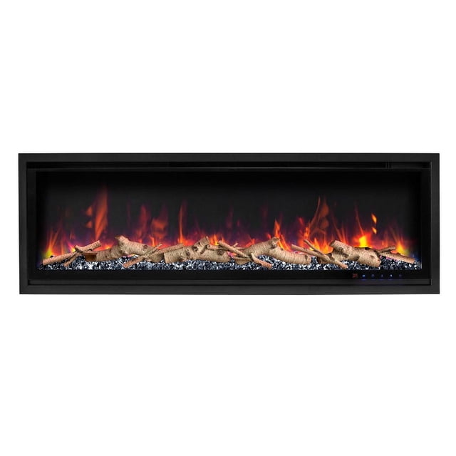 Pro Series Black Diamond Foyer Électrique, 50 Po, Vue de devant avec un Cadre Noir Mince Présentant un Affichage Panoramique de Flammes 3D en orange Vif et Rouge, Bûches de Bouleau sur Cristaux Noirs et Argentés, Offrant un Chauffage Écoénergétique et des Commandes Intelligentes Personnalisables pour les inserts de Foyer Domestique.