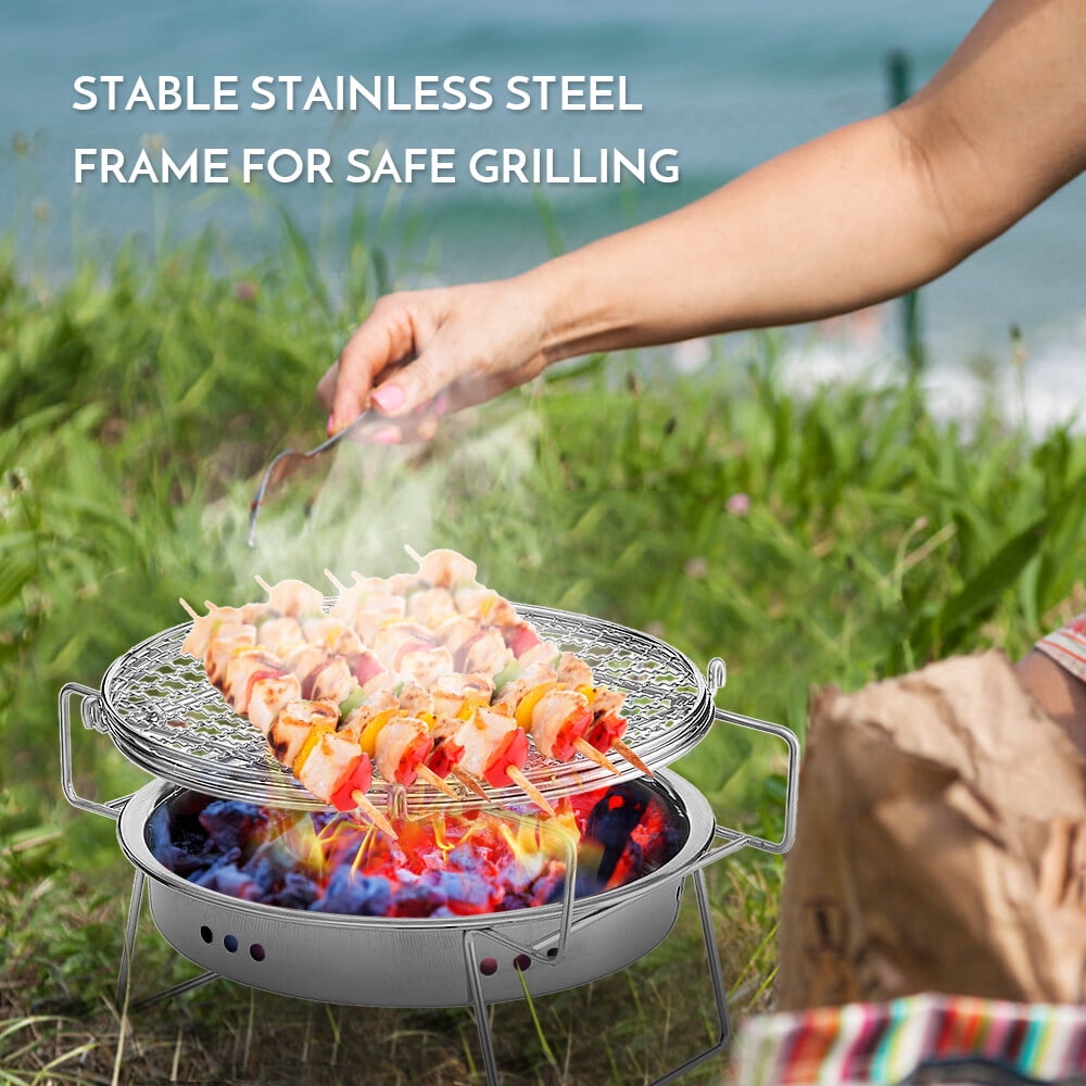 Outdoor Stainless Steel Grill Portable Barbecue Grid Folding BBQ Grill Mini Round Charcoal Grill Outdoor Camping Picnic Tool For Home Park Use S
