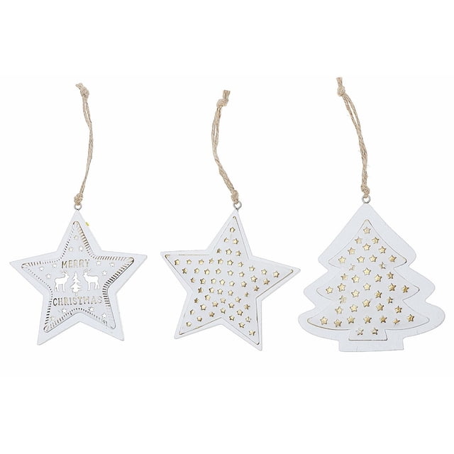 Wooden Star And Tree Ornament - Set of 12