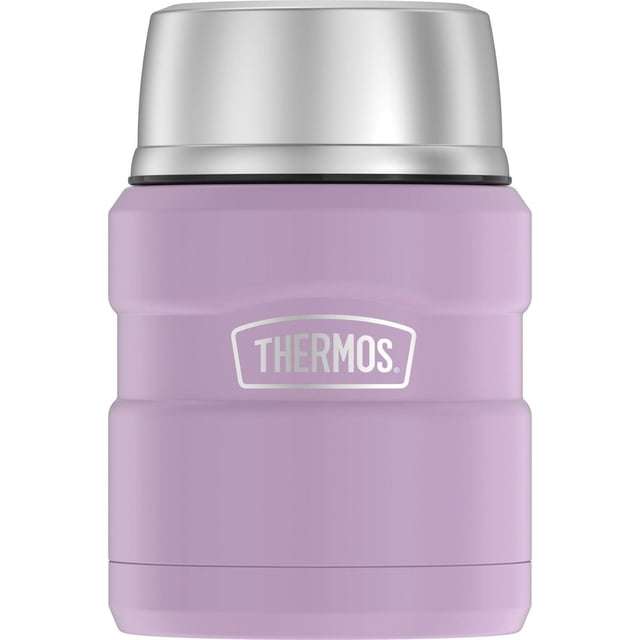 Thermos Vacuum Insulated 16 Oz Food Jar with Folding Spoon in lavender, compact stainless steel container with a wide mouth and silver screw-on lid, vacuum insulated to keep food hot for 9 hours or cold for 14, ideal for lunch boxes and travel, also suitable for storing snacks and small meals.