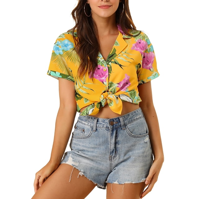 INSPIRE CHIC Women's Shirts Hawaiian Short Sleeve Tropical Floral Button Down Tops S Yellow