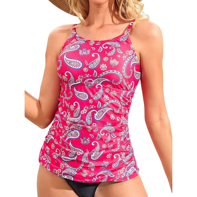 Charmo Women's High Neck Tankini Tops Only Tummy Control Swimsuit Top Ruched Swim Top Without Bottoms