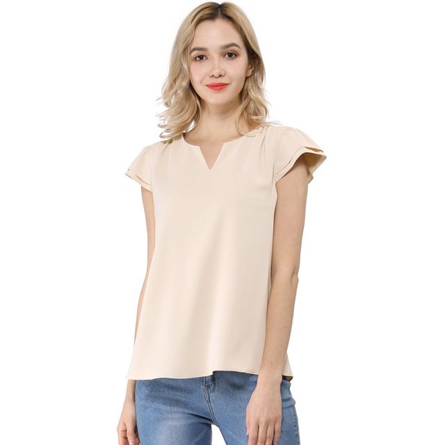 INSPIRE CHIC Women's Solid Blouse V Neck Ruffle Cap Sleeve Lightweight Work Blouse M Beige