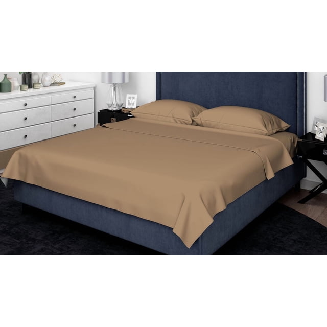 Johnson Home 400 TC Bed Sheet Set - 100% Cotton Sheets in beige on a king-size bed with navy blue upholstered headboard with silver nailhead trim, in a modern bedroom with white dresser, black nightstands, and silver lamps, offering breathable, durable comfort year-round.