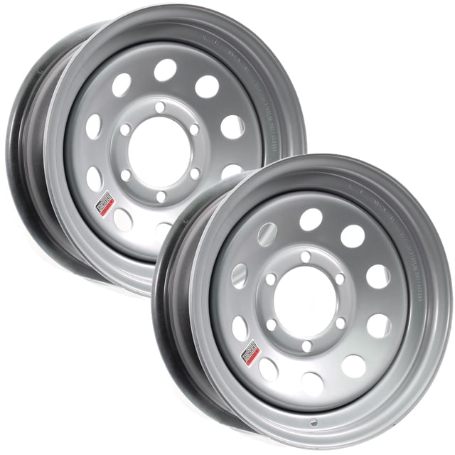 eCustomrim 2-Pack Trailer Rim Wheel 15X6 15" 6 Lug On 5.5" Center Silver Modular, front-facing view of two silver steel modular trailer rims stacked; 15" x 6" rim, 6-lug 5.5" bolt pattern, 4.25" center bore, 0" offset, visible 1/2"-20 lug holes. Suitable as replacement spare wheels for boat and utility trailers.