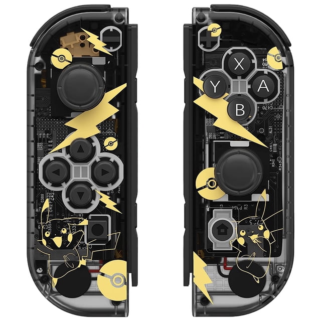 Switch Wireless Controller for Nintendo Switch/OLED/Lite, a gaming accessory with a black and transparent design featuring gold Pikachu and lightning bolt accents. Includes left and right Joy-Con controllers with ergonomic anti-slip ABS material, dual vibration motors, 6-axis motion sensing, and 360° joysticks for precise control. Compatible with Nintendo Switch consoles and equipped with a 500mAh battery for 10-15 hours of playtime, ideal as a replacement Joy-Con.