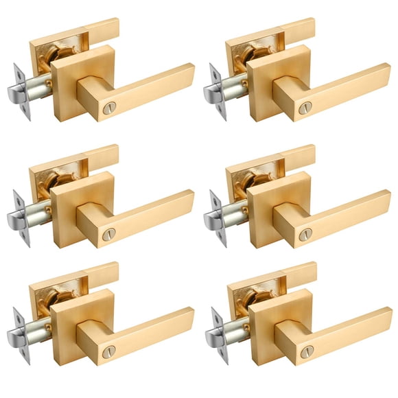 EHOMEWARE 6 Pack Gold Door Knobs Interior Brass Door Handles in Satin Brass Finish, Privacy Function for Bedroom Bathroom, Heavy Duty Gold Door Handles Levers with Modern Design