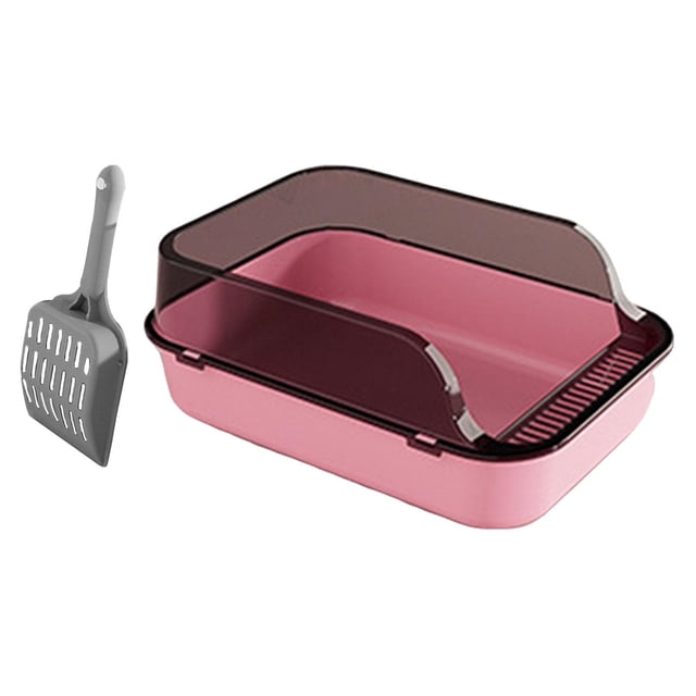 Open Top Cat Litter Box in pink, a semi-enclosed litter tray with high sides for splashproof protection and reduced litter tracking. Made of durable PP material, it features a low front entry for easy access, a detachable frame for cleaning, and includes a grey litter scoop. Ideal for indoor cats and kittens.