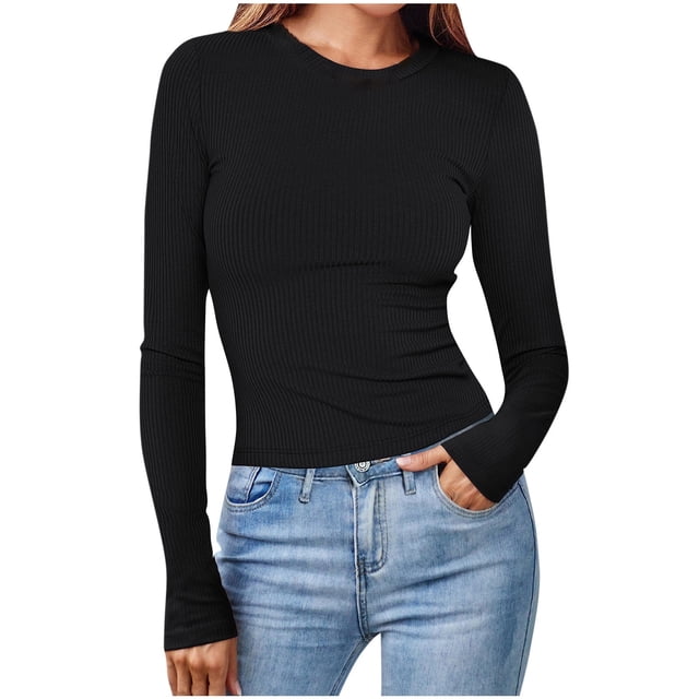 Timegard Hauts pour Femmes Col Ras du Cou Manches Longues Confortables Couleur Unie Camisoles Automne Décontracté Ajusté T-Shirts Hauts