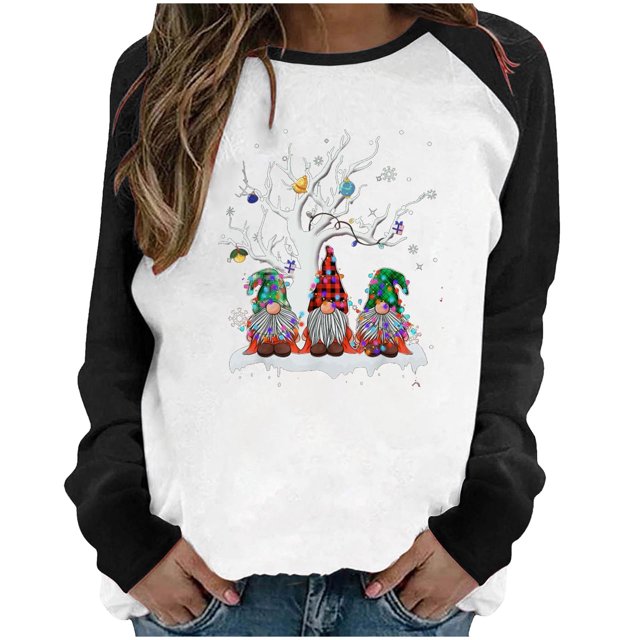 RKSTN Chandail pour Femmes de Noël à Col Rond, Chandail Imprimé du Père Noël, Manches Longues, Blouse Régulière à Empiècements